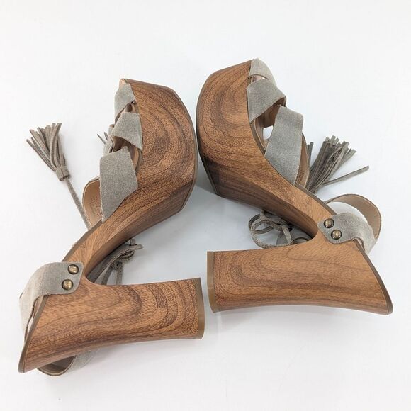 Guess Prenna Suede Leather Tassel Wooden Chunky Platform Sandals Heels Size 9.5 - Picture 4 of 11